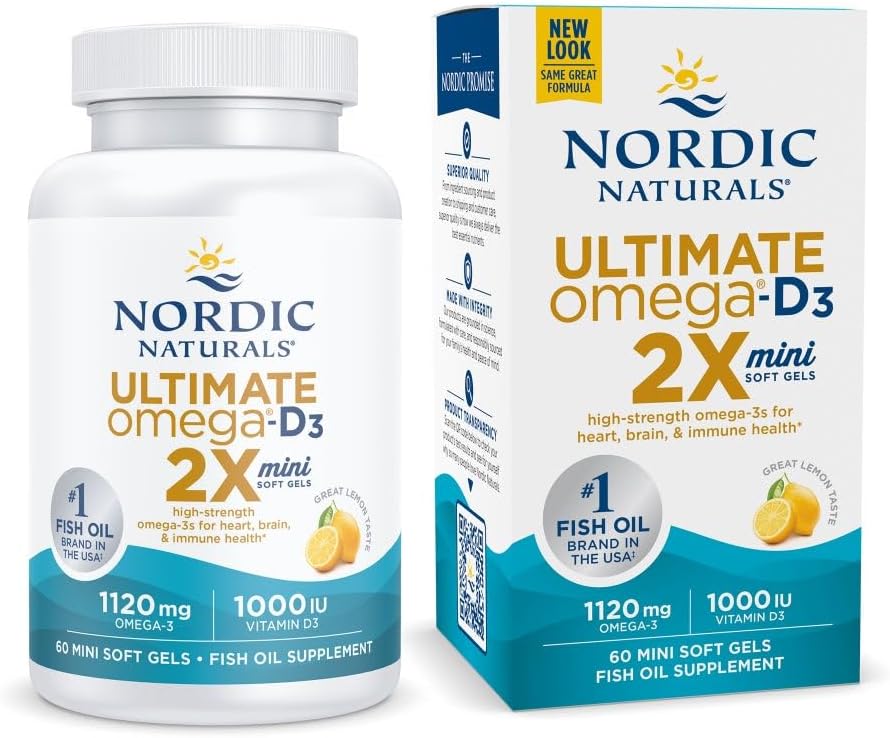 Nordic Naturals Ultimate Omega 2X Mini D3, Lemon Flavor - 1120 mg Omega-3 + 1000 IU Heart Health - 30 Servings